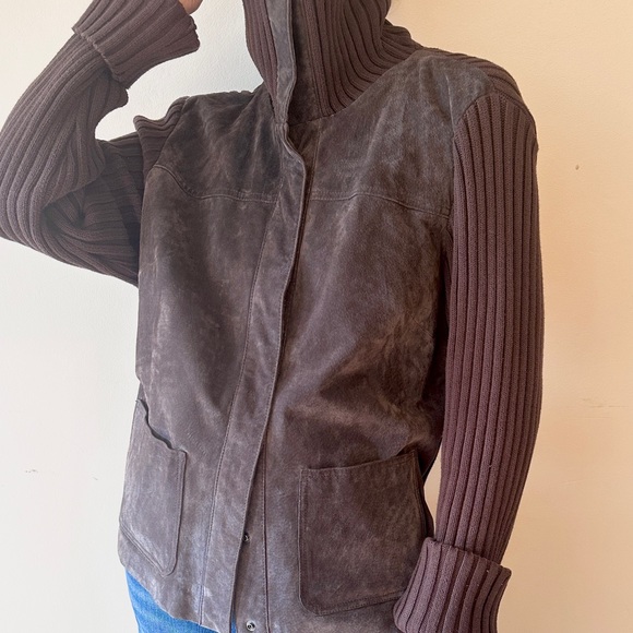 VINTAGE STYLE CHOCOLATE SUEDE LEATHER KNIT BLAZER JACKET OVERSIZED RELAXED M-XL - Picture 2 of 12